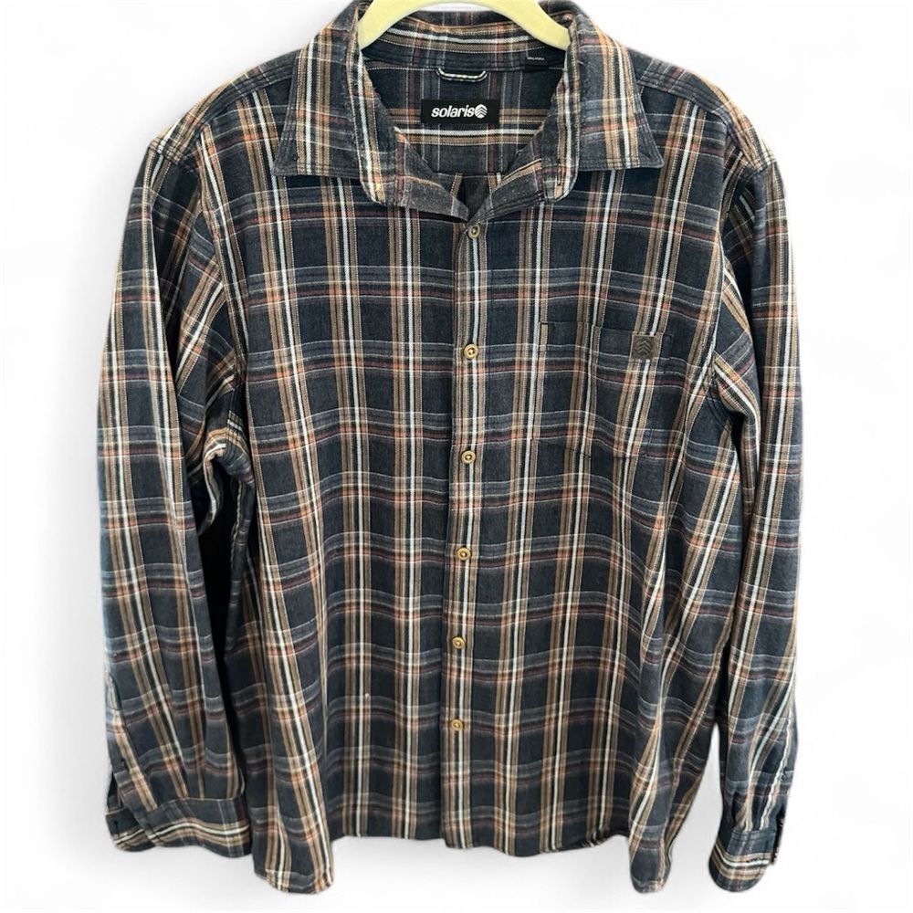 Solaris Plaid Flannel Button-Up Shirt Size L Cabincore Woodsy
